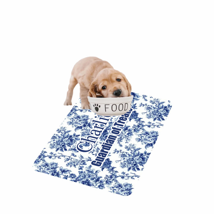 Dog using Personalized French Country Blue Toile de Jouy pet feeding mat with custom text like a name. Available in different Toile de Jouy patterns for dogs or cats-ARTFULANE