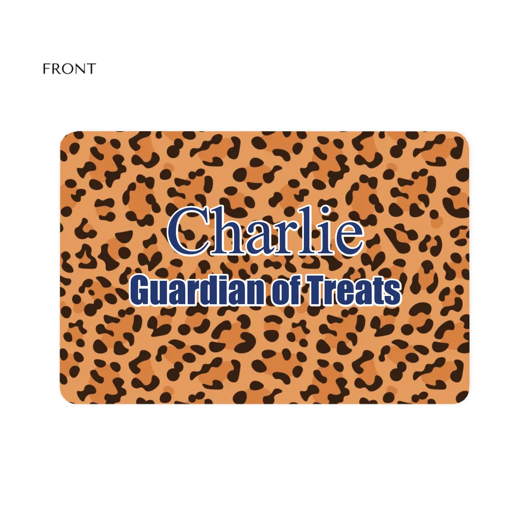 Personalized Animal Print pet feeding mat with custom text like a name. Available in different animal print colors (leopard, cow, snake, crocodile, cheetah, dalmatian, giraffe, zebra, tiger, scales) for dogs or cats-ARTFULANE