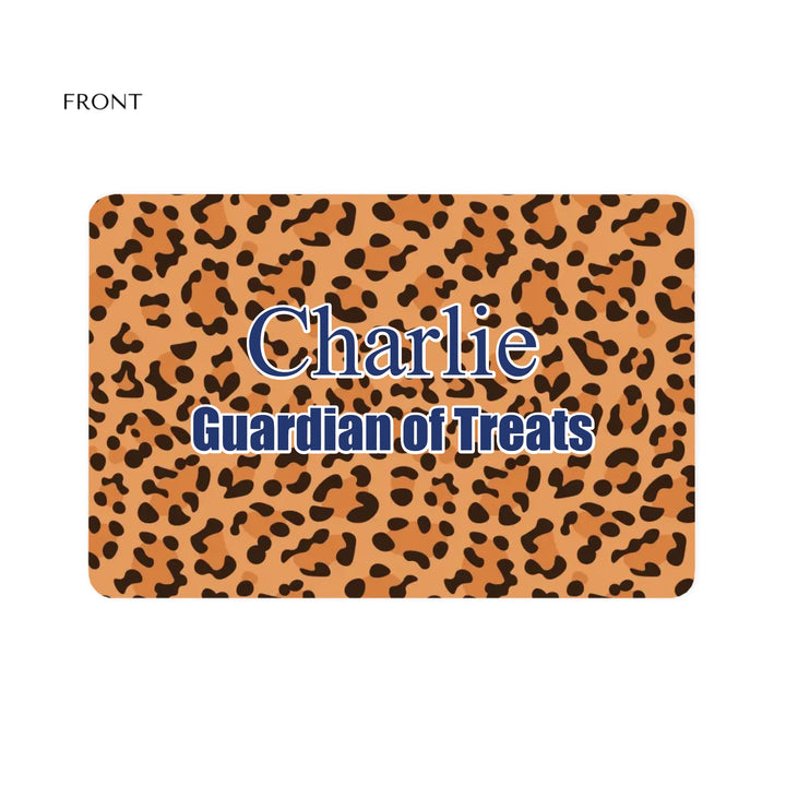 Personalized Animal Print pet feeding mat with custom text like a name. Available in different animal print colors (leopard, cow, snake, crocodile, cheetah, dalmatian, giraffe, zebra, tiger, scales) for dogs or cats-ARTFULANE
