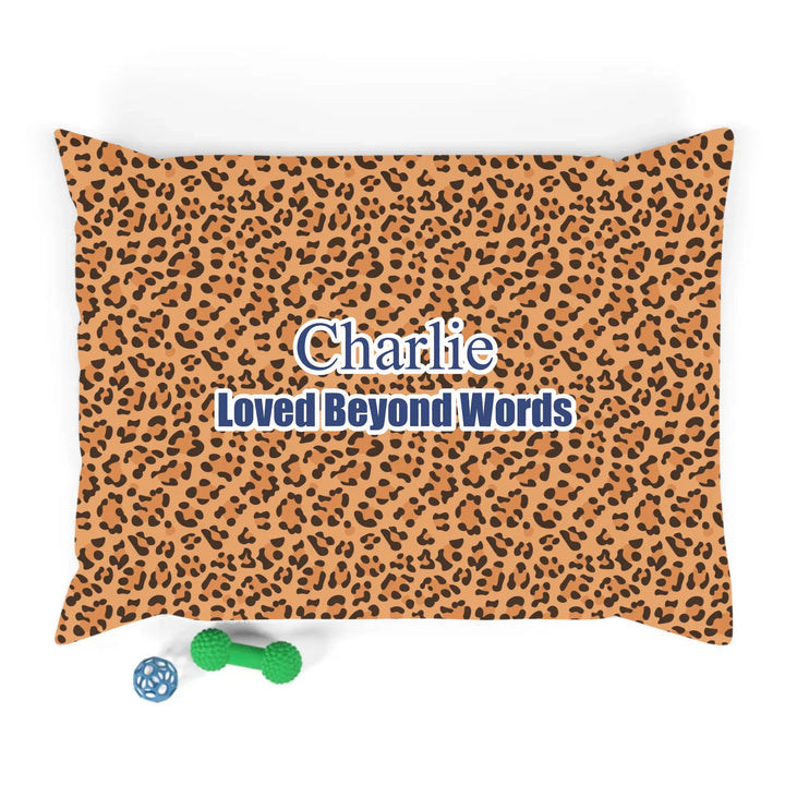 Personalized Animal Print pet bed with custom text like a name. Available in different animal print colors (leopard, cow, snake, crocodile, cheetah, dalmatian, giraffe, zebra, tiger, scales) for dogs or cats-ARTFULANE