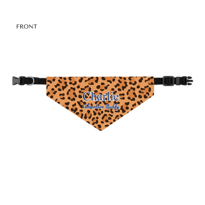 Personalized Animal Print pet bandana collar with custom text like a name. Available in different animal print colors (leopard, cow, snake, crocodile, cheetah, dalmatian, giraffe, zebra, tiger, scales) for dogs or cats-ARTFULANE