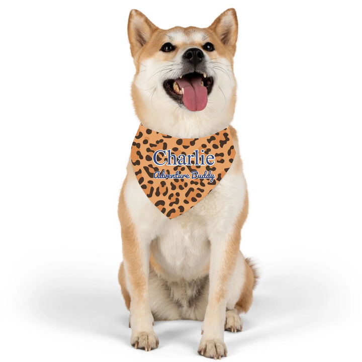 Dog wearing Personalized Animal Print pet bandana collar with custom text like a name. Available in different animal print colors (leopard, cow, snake, crocodile, cheetah, dalmatian, giraffe, zebra, tiger, scales) for dogs or cats-ARTFULANE
