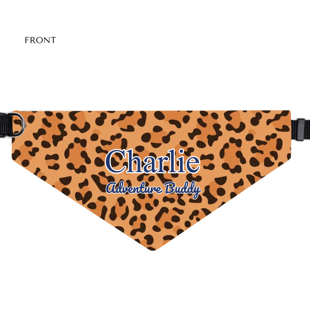 Personalized Animal Print pet bandana collar with custom text like a name. Available in different animal print colors (leopard, cow, snake, crocodile, cheetah, dalmatian, giraffe, zebra, tiger, scales) for dogs or cats-ARTFULANE