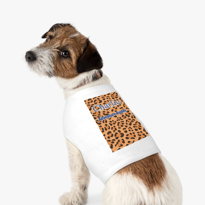 Personalized Animal Print pet tank top with custom text like a name. Available in different animal print colors (leopard, cow, snake, crocodile, cheetah, dalmatian, giraffe, zebra, tiger, scales) for dogs or cats-ARTFULANE