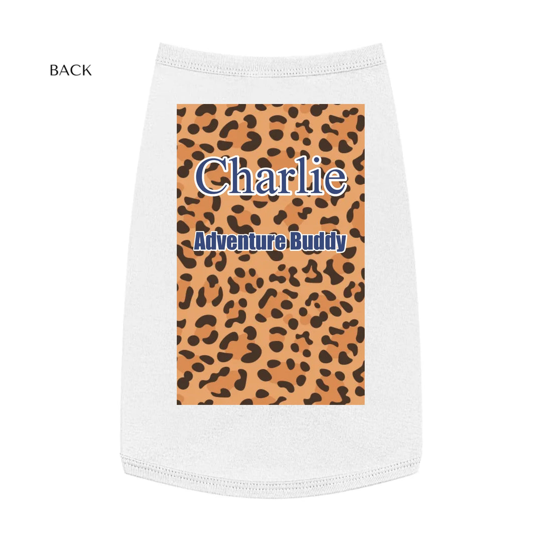 Personalized Animal Print pet tank top with custom text like a name. Available in different animal print colors (leopard, cow, snake, crocodile, cheetah, dalmatian, giraffe, zebra, tiger, scales) for dogs or cats-ARTFULANE
