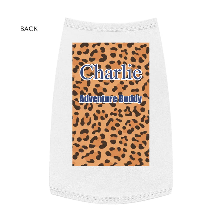 Personalized Animal Print pet tank top with custom text like a name. Available in different animal print colors (leopard, cow, snake, crocodile, cheetah, dalmatian, giraffe, zebra, tiger, scales) for dogs or cats-ARTFULANE