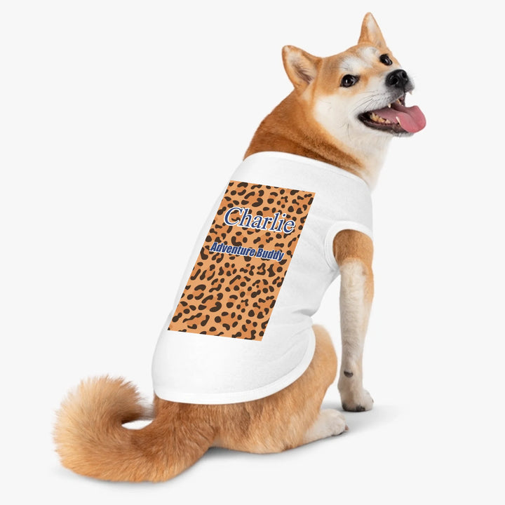 Personalized Animal Print pet tank top with custom text like a name. Available in different animal print colors (leopard, cow, snake, crocodile, cheetah, dalmatian, giraffe, zebra, tiger, scales) for dogs or cats-ARTFULANE