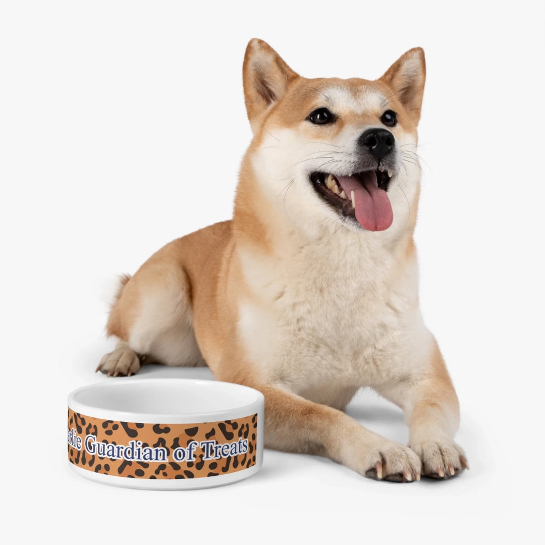 Dog using Personalized Animal Print pet ceramic bowl with custom text like a name. Available in different animal print colors (leopard, cow, snake, crocodile, cheetah, dalmatian, giraffe, zebra, tiger, scales) for dogs or cats-ARTFULANE