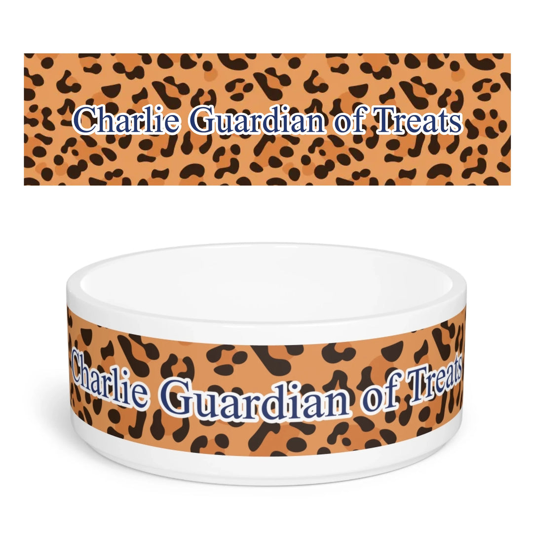 Personalized Animal Print pet ceramic bowl with custom text like a name. Available in different animal print colors (leopard, cow, snake, crocodile, cheetah, dalmatian, giraffe, zebra, tiger, scales) for dogs or cats-ARTFULANE