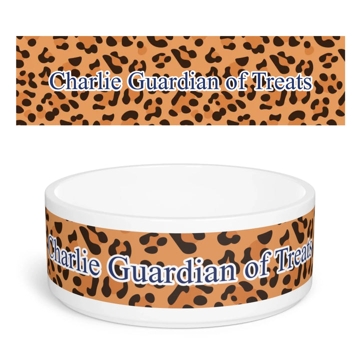 Personalized Animal Print pet ceramic bowl with custom text like a name. Available in different animal print colors (leopard, cow, snake, crocodile, cheetah, dalmatian, giraffe, zebra, tiger, scales) for dogs or cats-ARTFULANE