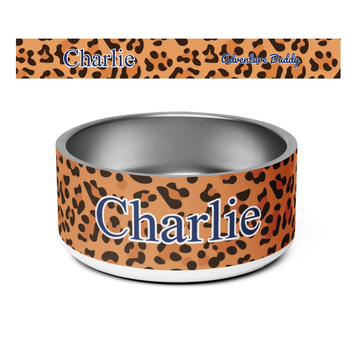 Personalized Animal Print pet stainless steel bowl with custom text like a name. Available in different animal print colors (leopard, cow, snake, crocodile, cheetah, dalmatian, giraffe, zebra, tiger, scales) for dogs or cats-ARTFULANE