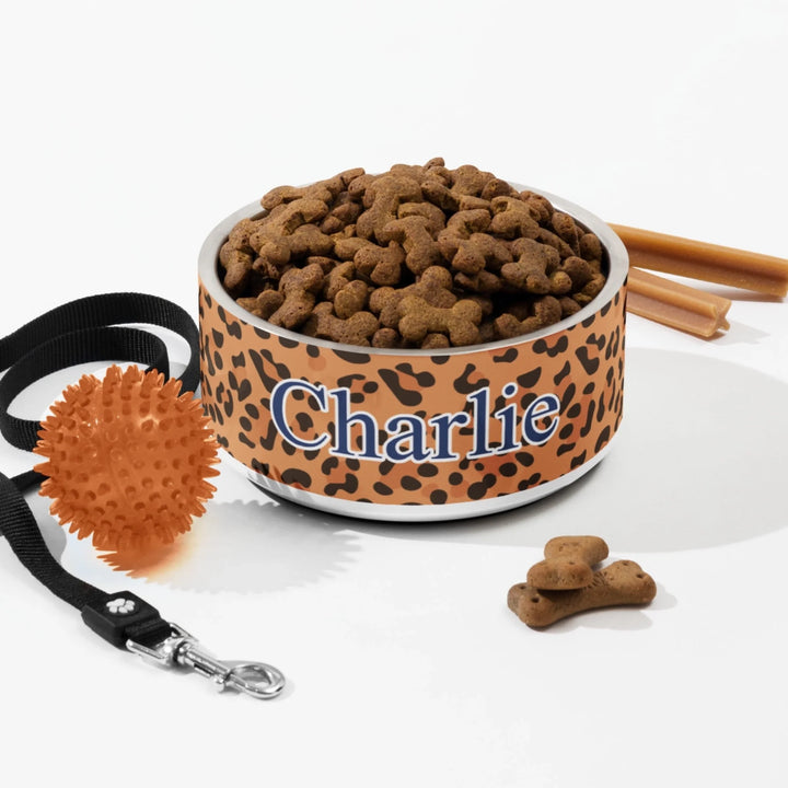 Personalized Animal Print pet stainless steel bowl with custom text like a name. Available in different animal print colors (leopard, cow, snake, crocodile, cheetah, dalmatian, giraffe, zebra, tiger, scales) for dogs or cats-ARTFULANE