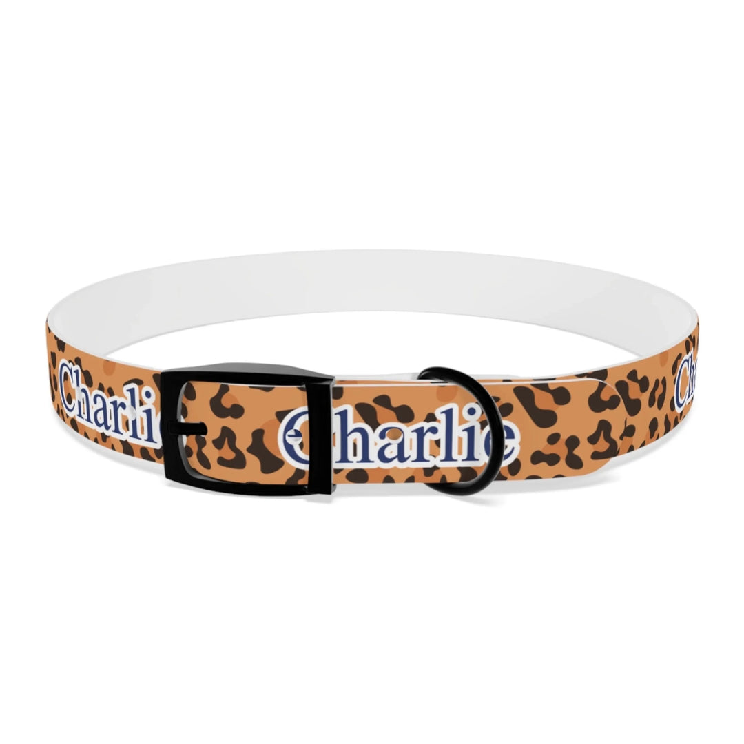 Front of Personalized Animal Print pet collar with custom text like a name. Available in different animal print colors (leopard, cow, snake, crocodile, cheetah, dalmatian, giraffe, zebra, tiger, scales) for dogs or cats-ARTFULANE