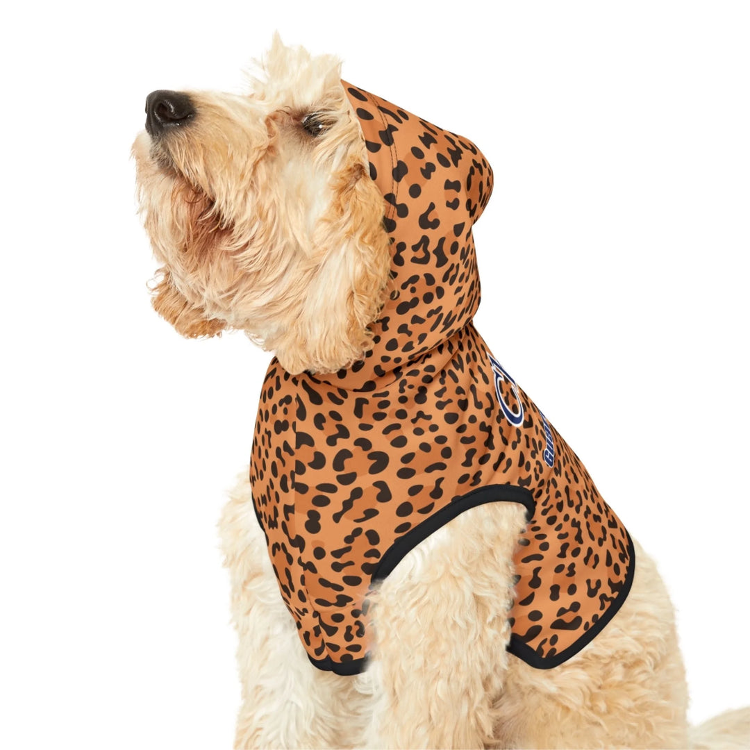 Close-up of Personalized Animal Print pet hoodie with custom text like a name. Available in different animal print colors (leopard, cow, snake, crocodile, cheetah, dalmatian, giraffe, zebra, tiger, scales) for dogs or cats-ARTFULANE