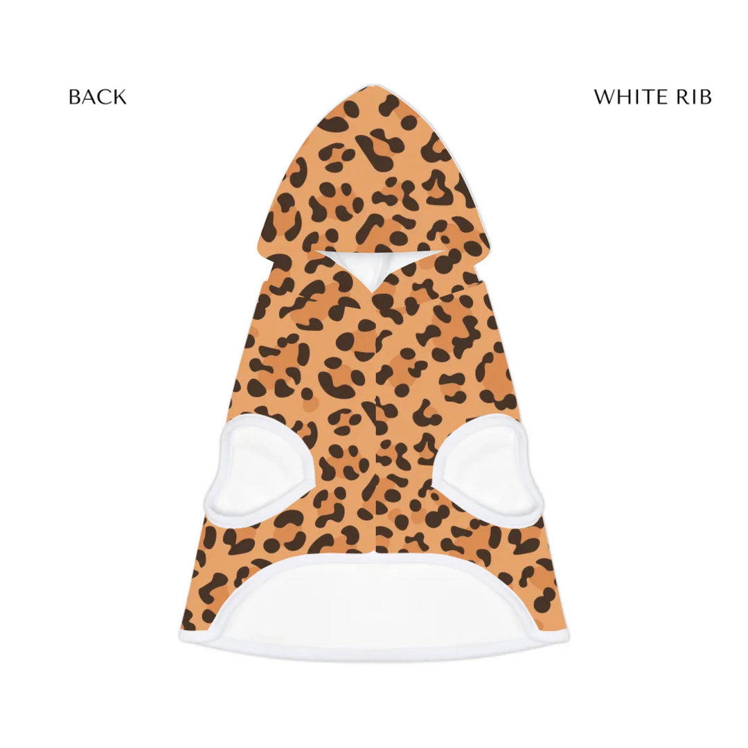 pet hoodie white rib front- Personalized Animal Print (leopard, cow, snake, crocodile, cheetah, dalmatian, giraffe, zebra, tiger, scales) pet hoodie with custom text like a name. Available in different animal print colors for dogs or cats-ARTFULANE
