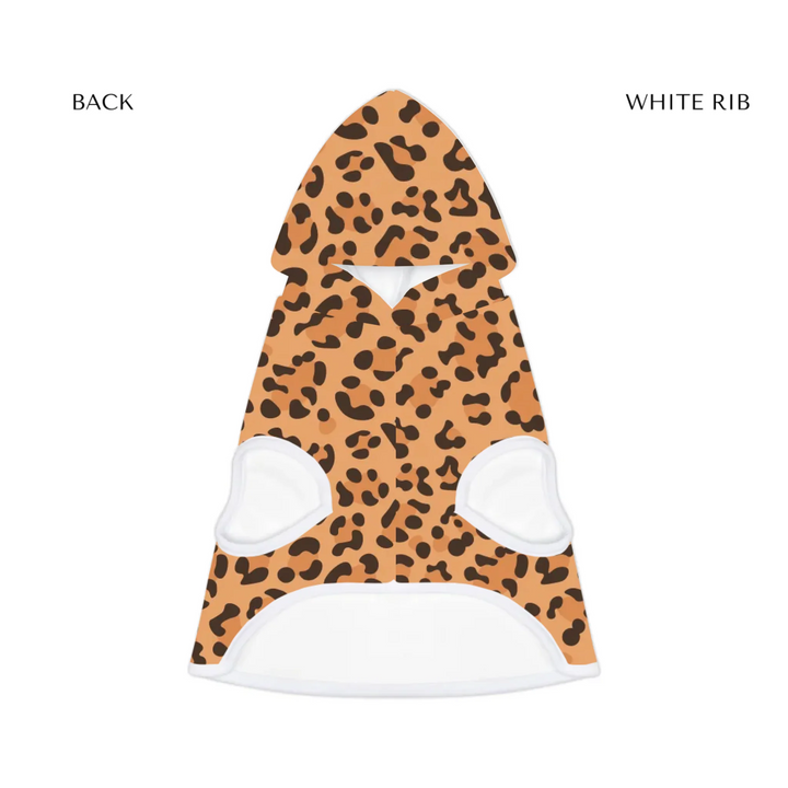 pet hoodie white rib front- Personalized Animal Print (leopard, cow, snake, crocodile, cheetah, dalmatian, giraffe, zebra, tiger, scales) pet hoodie with custom text like a name. Available in different animal print colors for dogs or cats-ARTFULANE