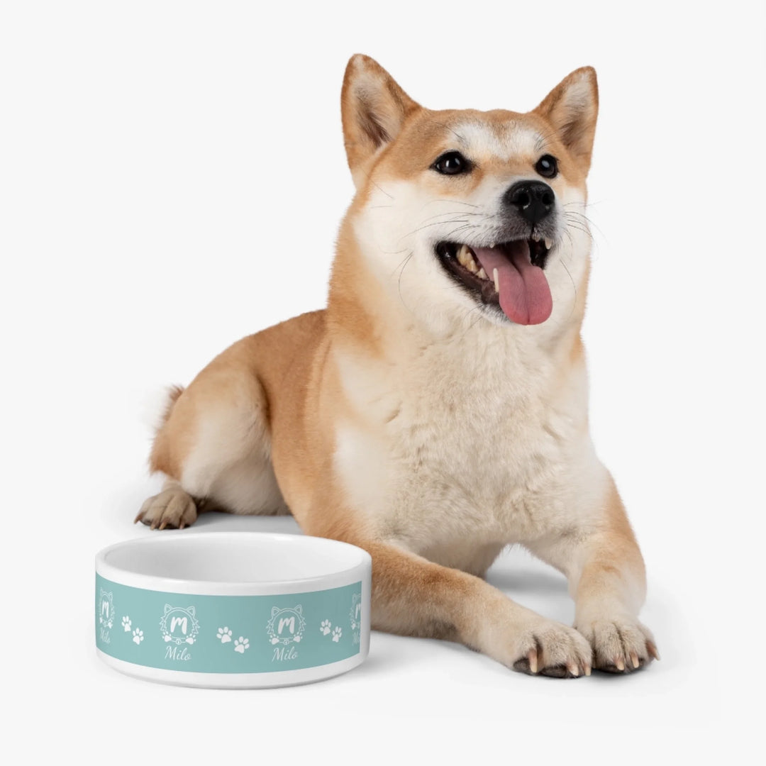 Dog using Personalized Monogram Name pet ceramic bowl with custom text. Available in different monogram styles in any color for dogs or cats-ARTFULANE