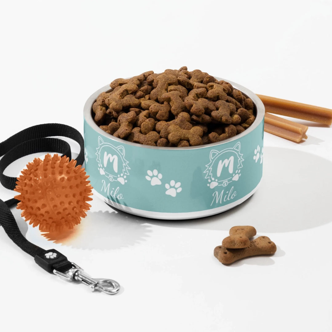 Personalized Monogram Name pet stainless steel bowl with custom text. Available in different monogram styles in any color for dogs or cats-ARTFULANE
