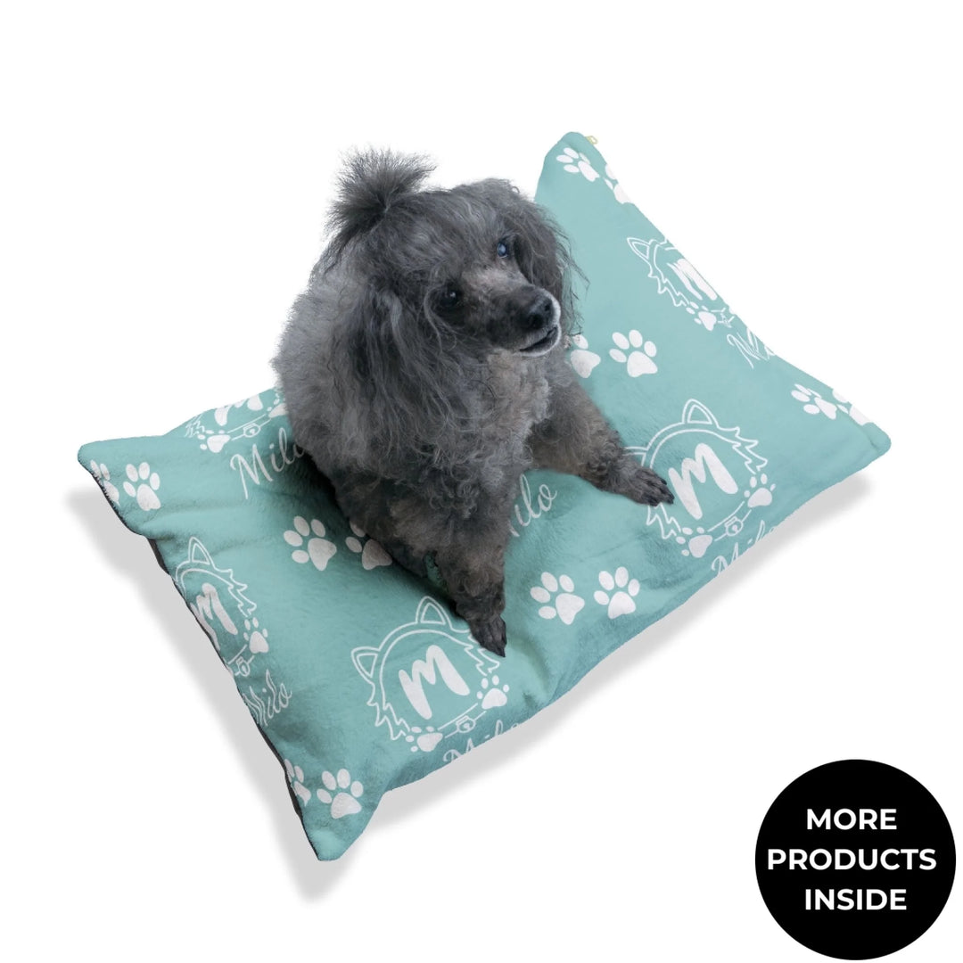 Dog sitting on Personalized Monogram Name pet bed with custom text. Available in different monogram styles in any color for dogs or cats-ARTFULANE