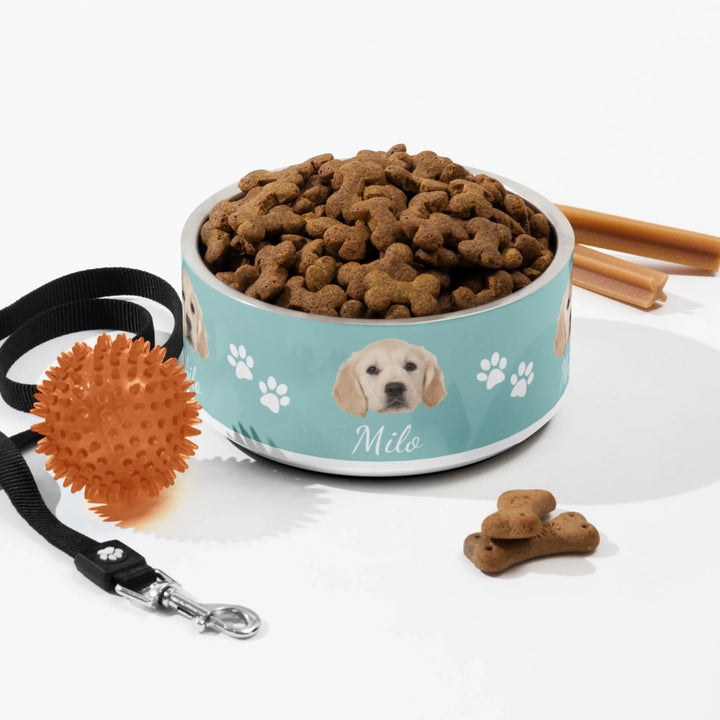 Personalized Photo pet stainless steel bowl with custom text like a name. Available in different in any color for dogs or cats-ARTFULANE