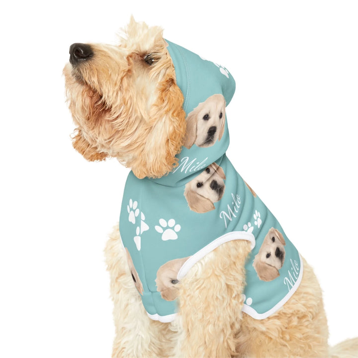 Close-up of Personalized Photo pet hoodie with custom text like a name. Available in different in any color for dogs or cats-ARTFULANE