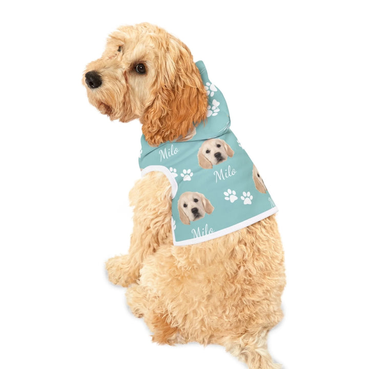 Dog wearing Personalized Photo pet hoodie with custom text like a name. Available in different in any color for dogs or cats-ARTFULANE