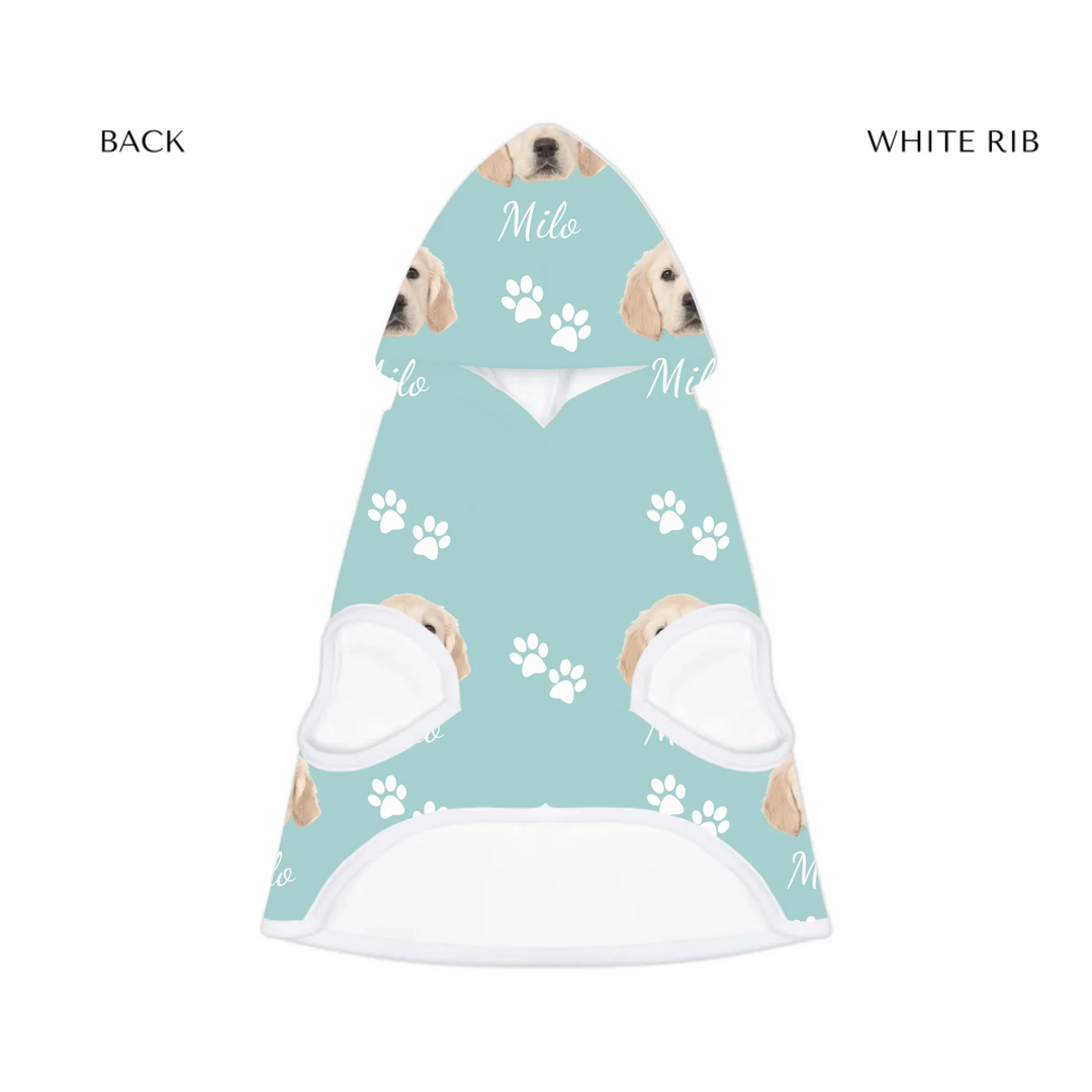 pet hoodie white rib front- Personalized Photo pet hoodie with custom text like a name. Available in different in any color for dogs or cats-ARTFULANE