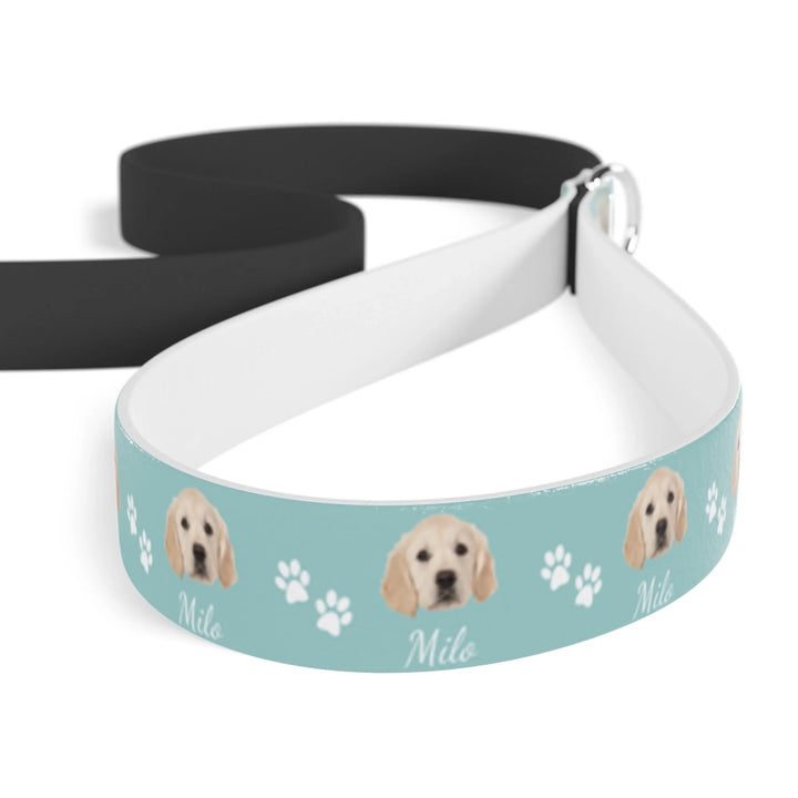 Closeup of Personalized Photo pet leash with custom text like a name. Available in different in any color for dogs or cats-ARTFULANE