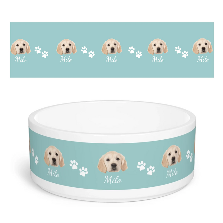 Personalized Photo pet ceramic bowl with custom text like a name. Available in different in any color for dogs or cats-ARTFULANE