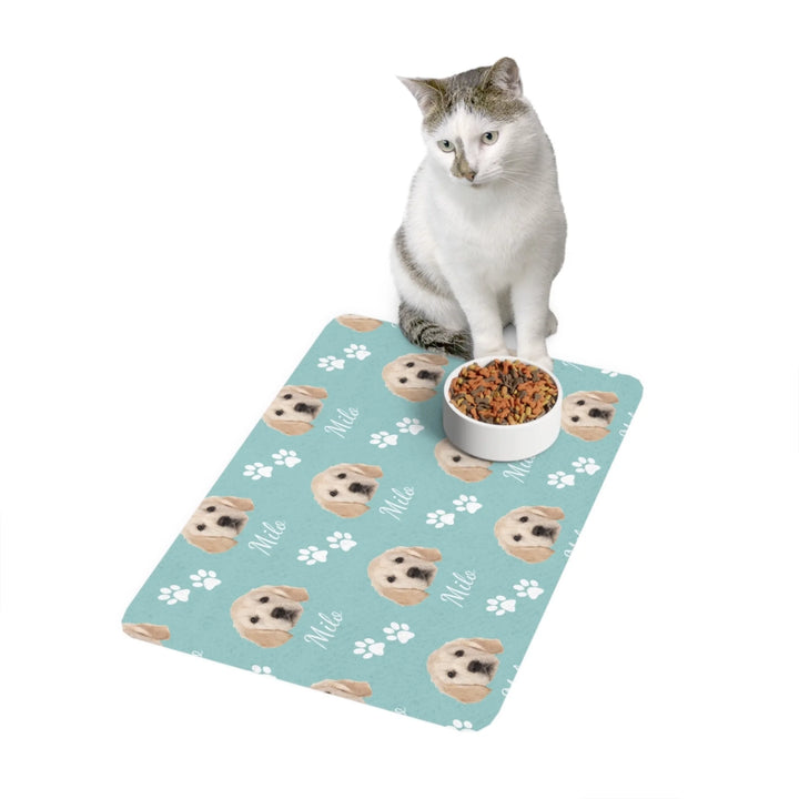 Cat using Personalized Photo pet feeding mat with custom text like a name. Available in different in any color for dogs or cats-ARTFULANE