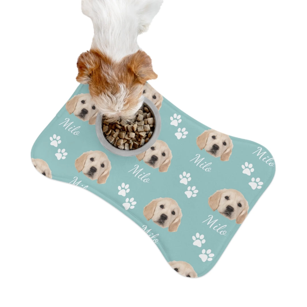 Dog using Personalized Photo pet bone-shaped feeding mat with custom text like a name. Available in different in any color for dogs or cats-ARTFULANE