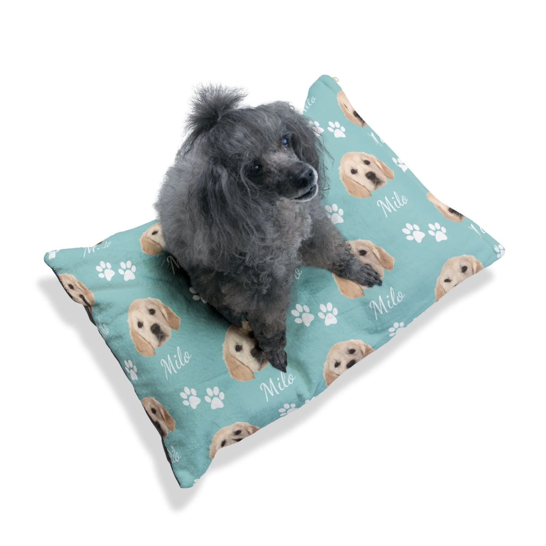 Dog sitting on Personalized Photo pet bed with custom text like a name. Available in different in any color for dogs or cats-ARTFULANE