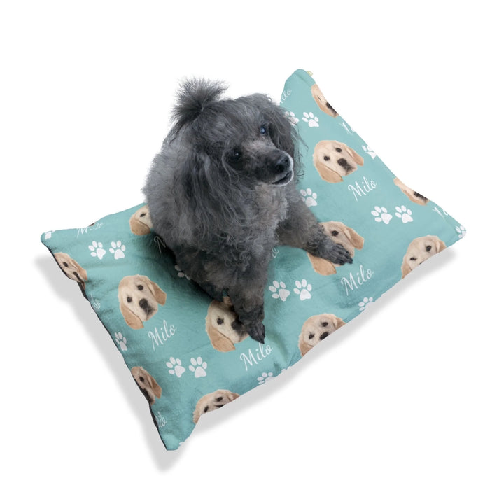 Dog sitting on Personalized Photo pet bed with custom text like a name. Available in different in any color for dogs or cats-ARTFULANE
