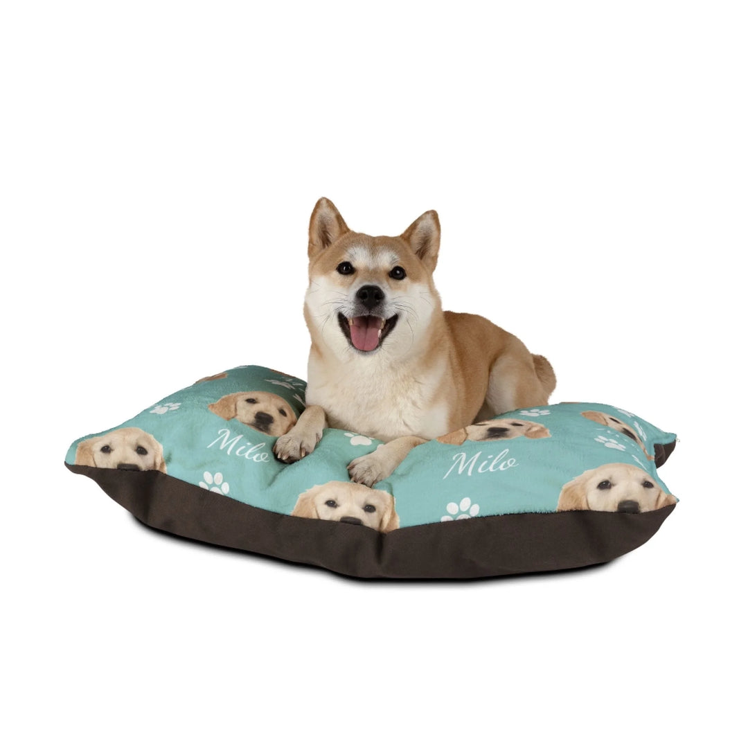 Dog relaxing on Personalized Photo pet bed with custom text like a name. Available in different in any color for dogs or cats-ARTFULANE