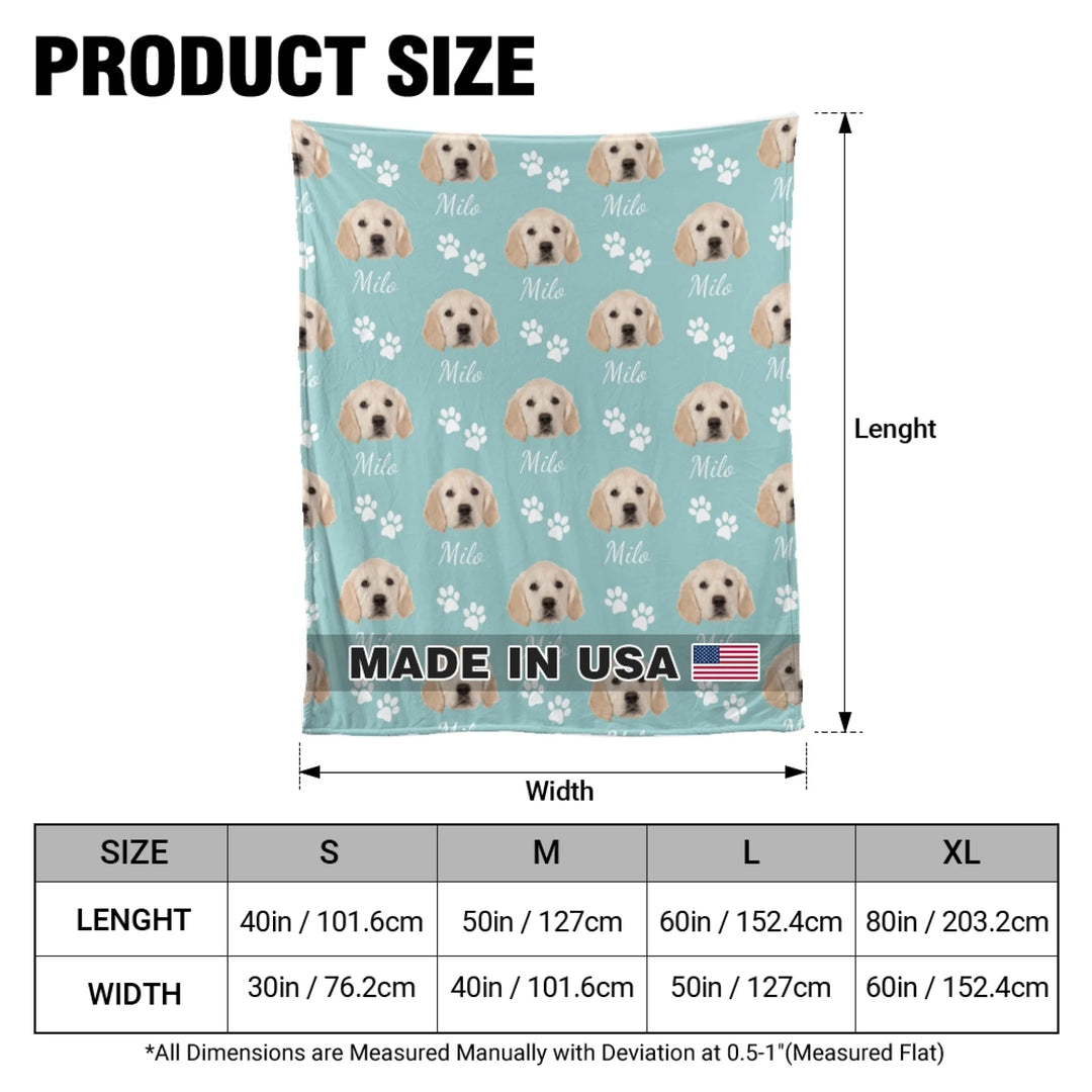 Size chart Personalized Photo face cutout pet blanket with custom text like a name. Available in any color for dogs or cats-ARTFULANE