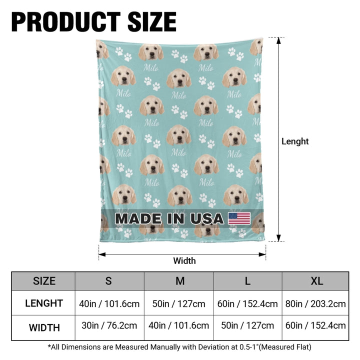 Size chart Personalized Photo face cutout pet blanket with custom text like a name. Available in any color for dogs or cats-ARTFULANE