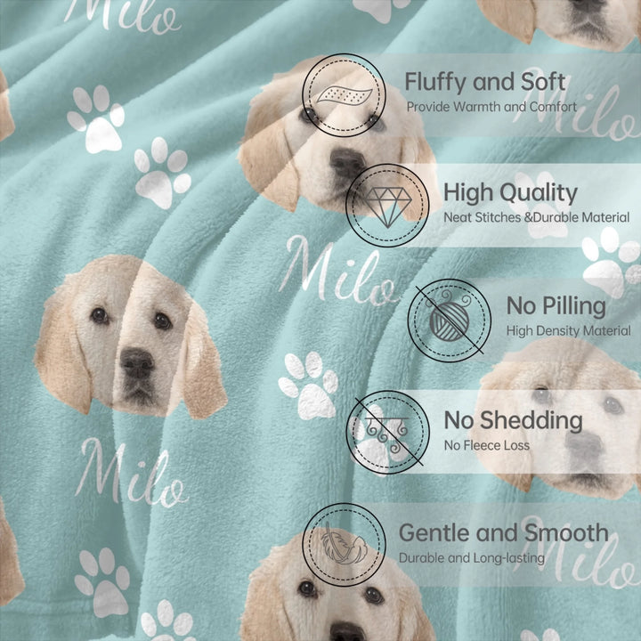 Features of Personalized Photo face cutout pet blanket with custom text like a name. Available in any color for dogs or cats-ARTFULANE