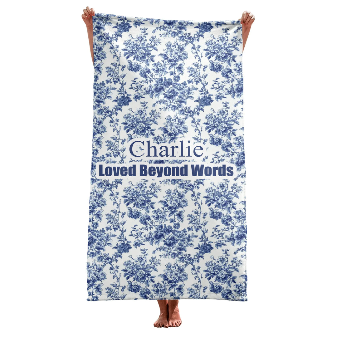 Personalized French Country Blue Toile de Jouy pet towel with custom text like a name. Available in different Toil patterns for dogs or cats-ARTFULANE