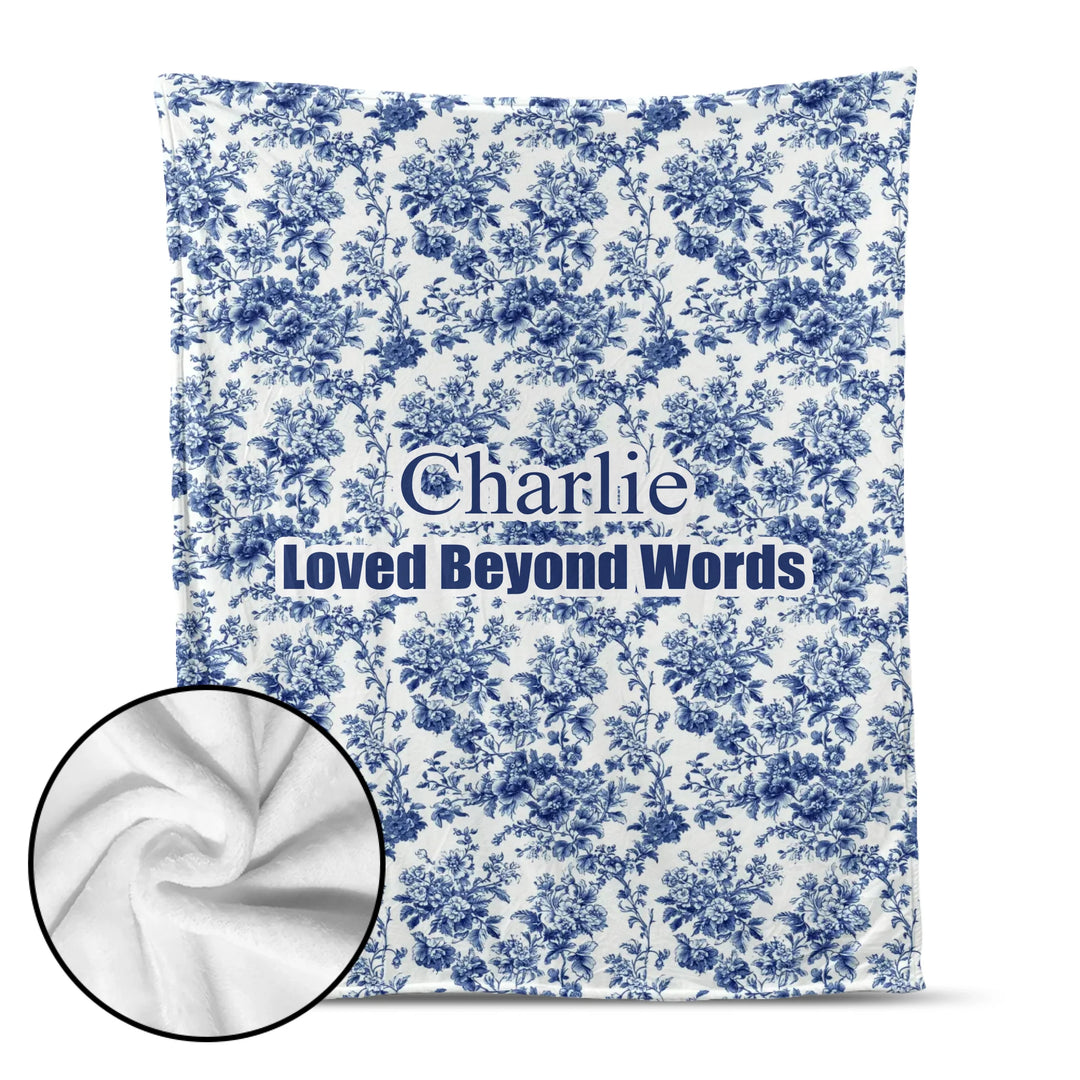 Personalized French Country Blue Toile de Jouy pet blanket with custom text like a name. Available in different Toil patterns for dogs or cats-ARTFULANE