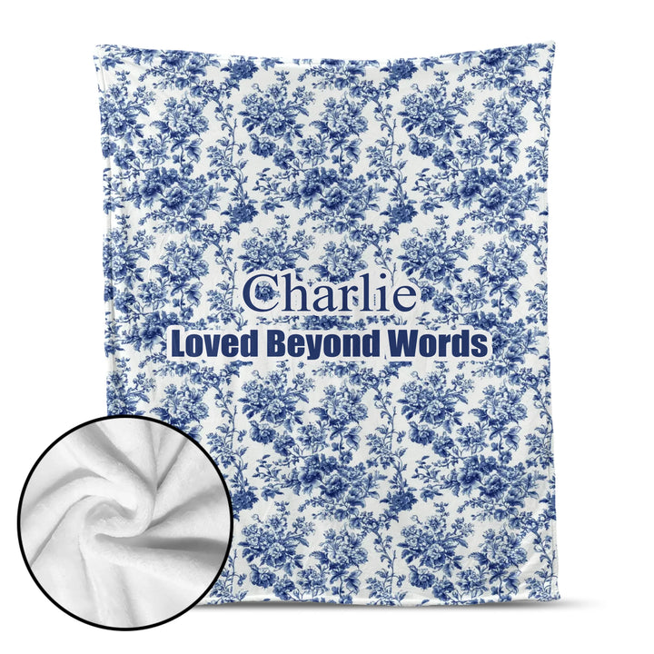 Personalized French Country Blue Toile de Jouy pet blanket with custom text like a name. Available in different Toil patterns for dogs or cats-ARTFULANE