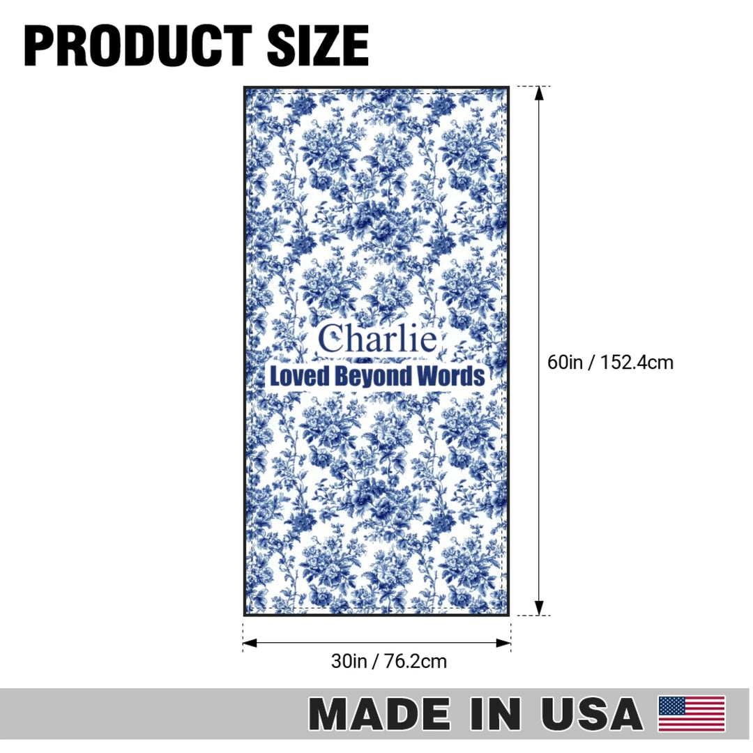 Size chart of Personalized French Country Blue Toile de Jouy pet towel with custom text like a name. Available in different Toil patterns for dogs or cats-ARTFULANE