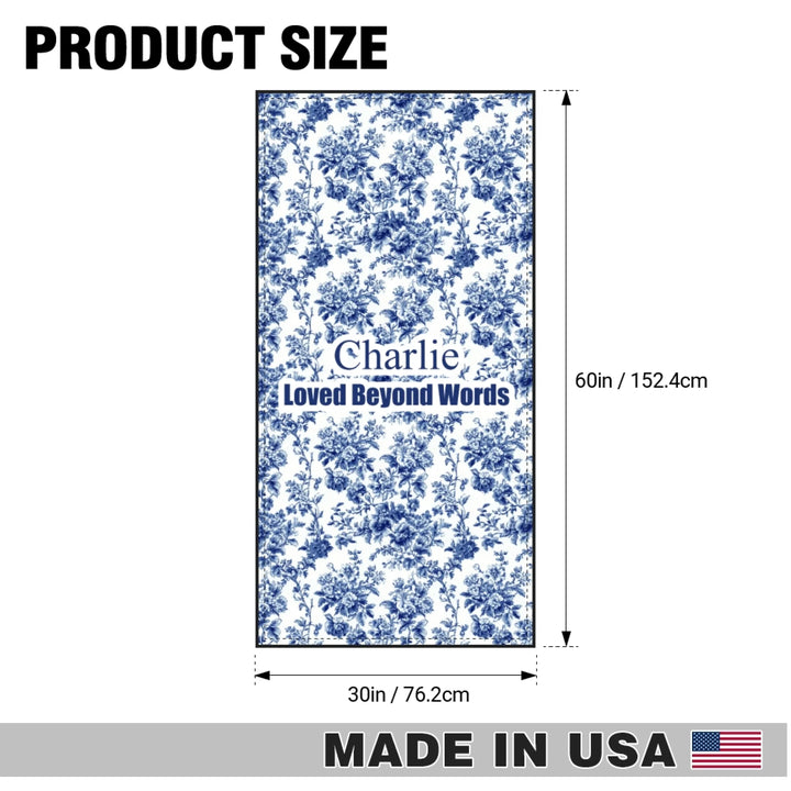 Size chart of Personalized French Country Blue Toile de Jouy pet towel with custom text like a name. Available in different Toil patterns for dogs or cats-ARTFULANE