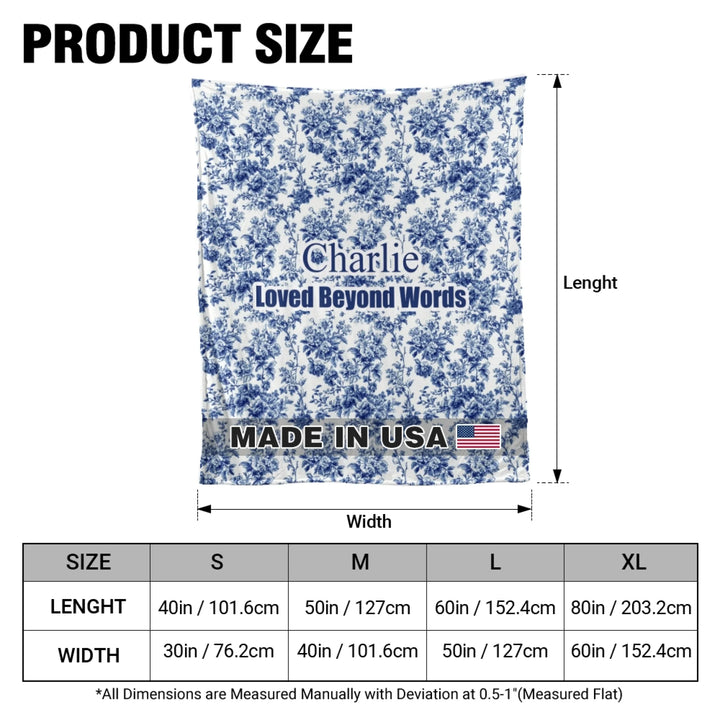 Size chart Personalized French Country Blue Toile de Jouy pet blanket with custom text like a name. Available in different Toil patterns for dogs or cats-ARTFULANE