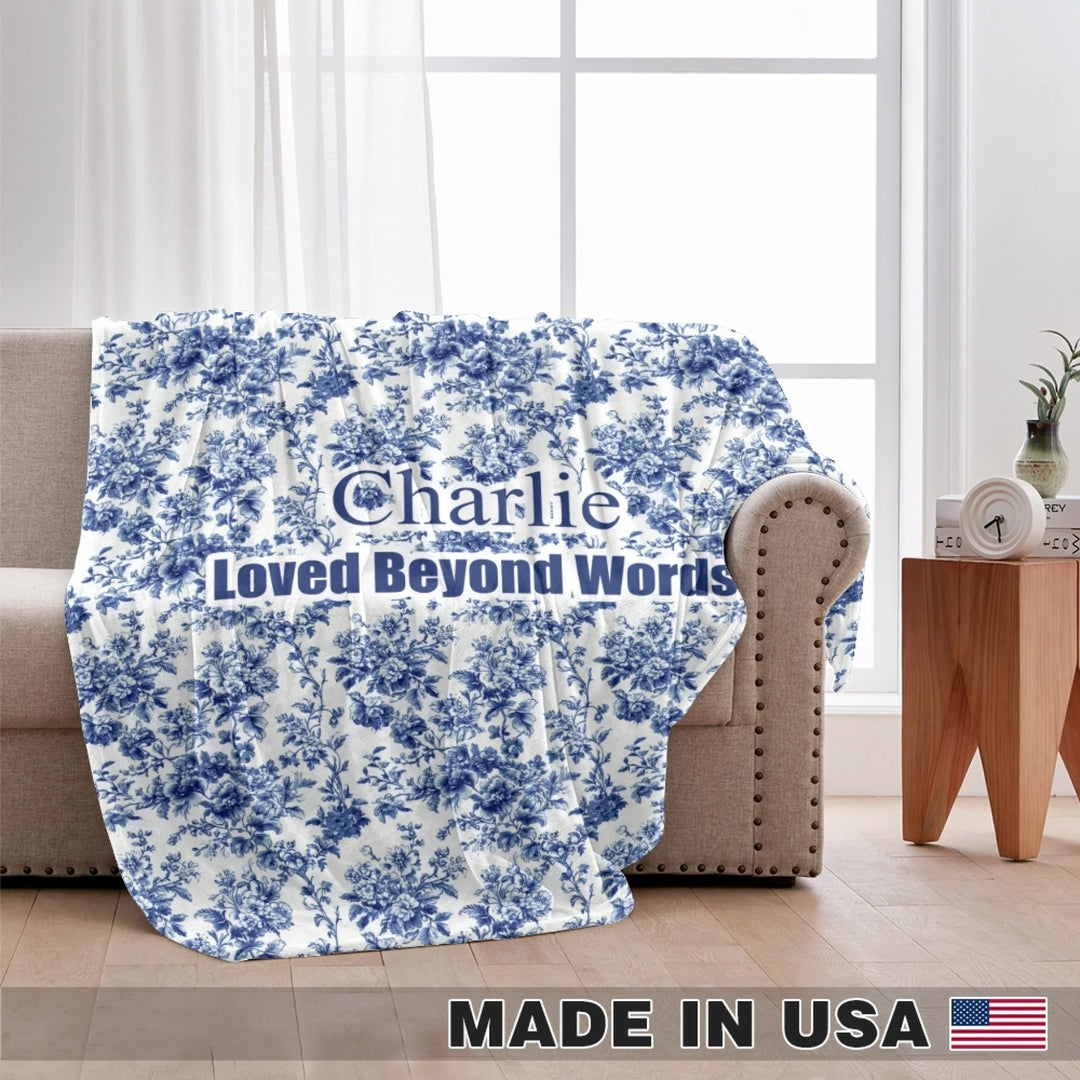 Personalized French Country Blue Toile de Jouy pet blanket with custom text like a name. Available in different Toil patterns for dogs or cats-ARTFULANE