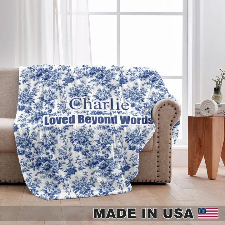 Personalized French Country Blue Toile de Jouy pet blanket with custom text like a name. Available in different Toil patterns for dogs or cats-ARTFULANE