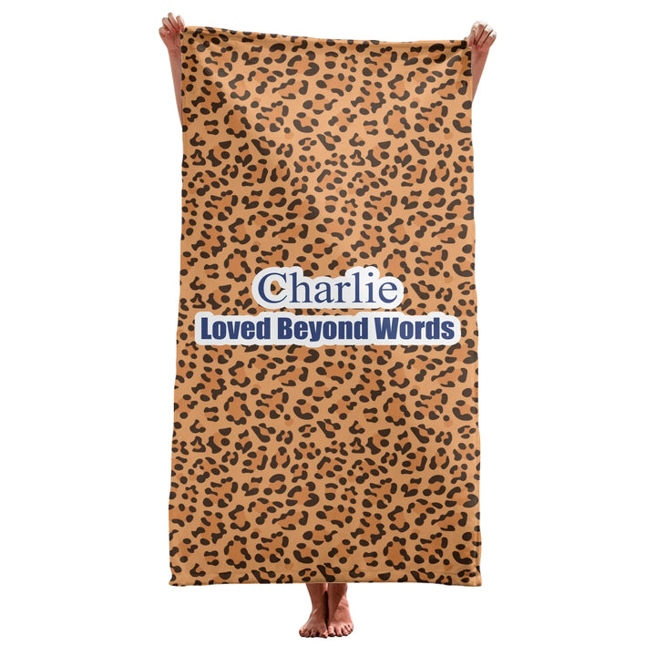 Personalized Animal Print pet towel with custom text like a name. Available in different animal print colors (leopard, cow, snake, crocodile, cheetah, dalmatian, giraffe, zebra, tiger, scales) for dogs or cats-ARTFULANE