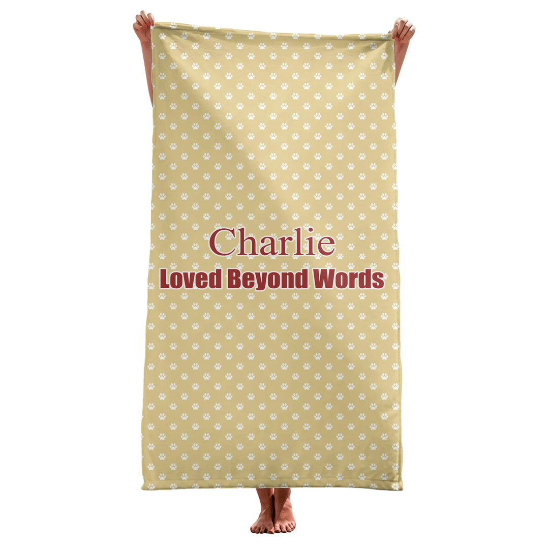 Personalized paws print pet towel with custom text like a name. Available in different paw print colors for dogs or cats-ARTFULANE