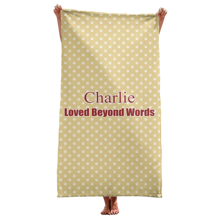 Personalized paws print pet towel with custom text like a name. Available in different paw print colors for dogs or cats-ARTFULANE