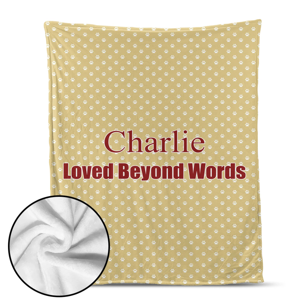 Personalized paws print pet blanket with custom text like a name. Available in different paw print colors for dogs or cats-ARTFULANE