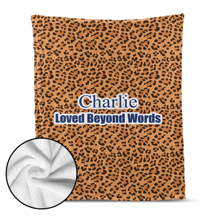 Personalized Animal Print pet blanket with custom text like a name. Available in different animal print colors (leopard, cow, snake, crocodile, cheetah, dalmatian, giraffe, zebra, tiger, scales) for dogs or cats-ARTFULANE